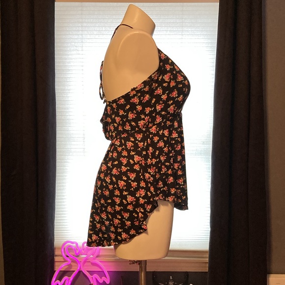 Pink roses on black field babydoll fit high/low tie close T-back top size 3X - Picture 5 of 6